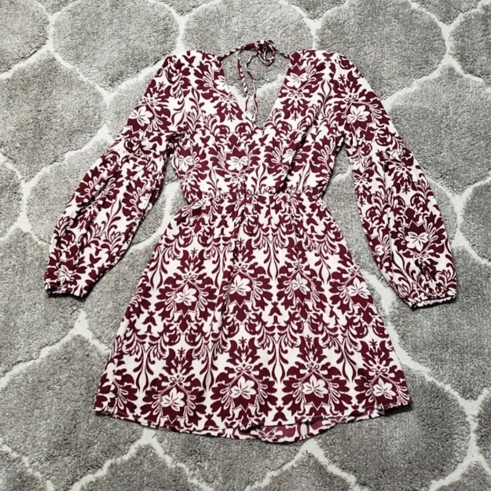 Pink Owl Burgundy Boho  Floral Print Mini Dress